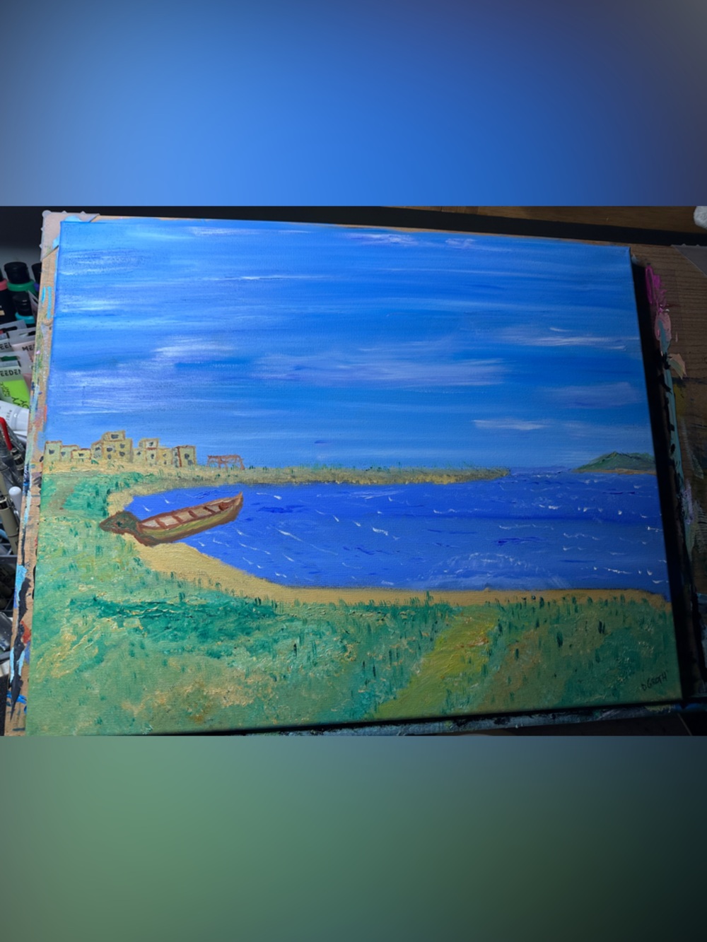 Seaside Boat Canvas Painting in Blue and Green